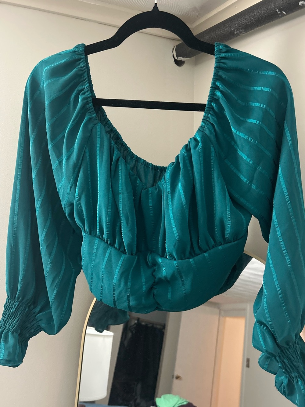 Teal Women's Peasant Crop Top - Elegant Gathered Sleeve Blouse